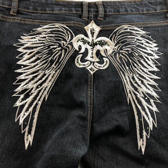 Impression Womens Embroidered Jeans Size 21 Blue Denim Angel Wings Casual Y2K - Picture 13 of 15